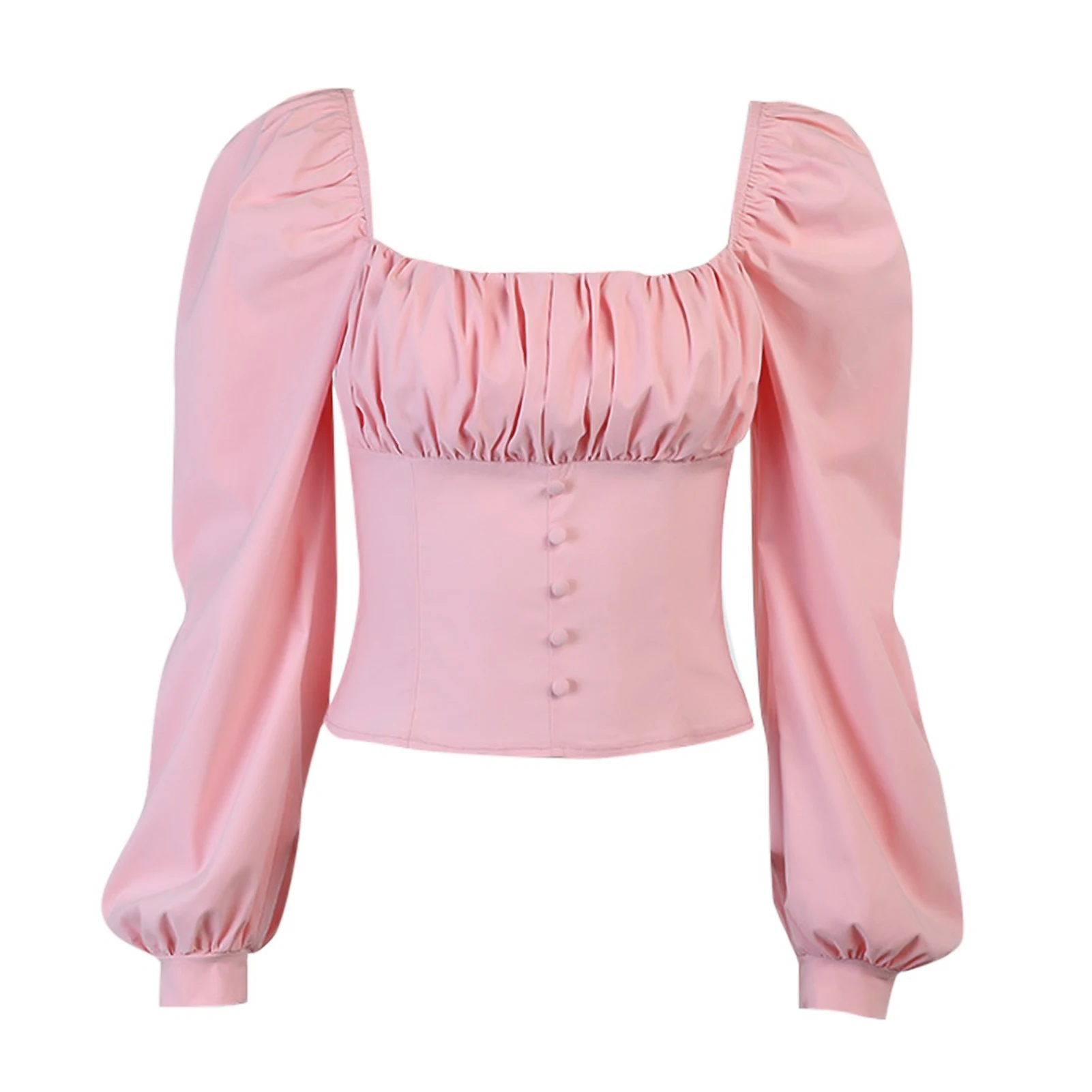 Retro Women Blouse Autumn Shirts Solid Color Puff Sleeve Square Collar Slim Blouses Tops Fashion Ladies Bottoming Shirt 2