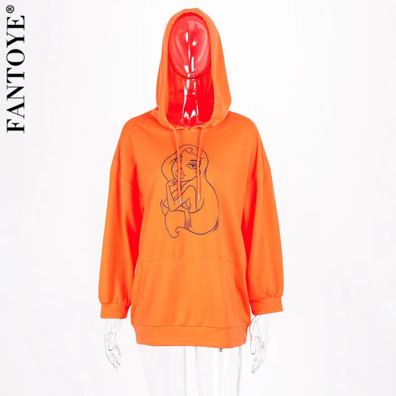 Fantoye Новая Женская толстовка с мультяшным принтом, оранжевая неоновая Повседневная Женская толстовка, Осенний пуловер с капюшоном, топы с капюшоном