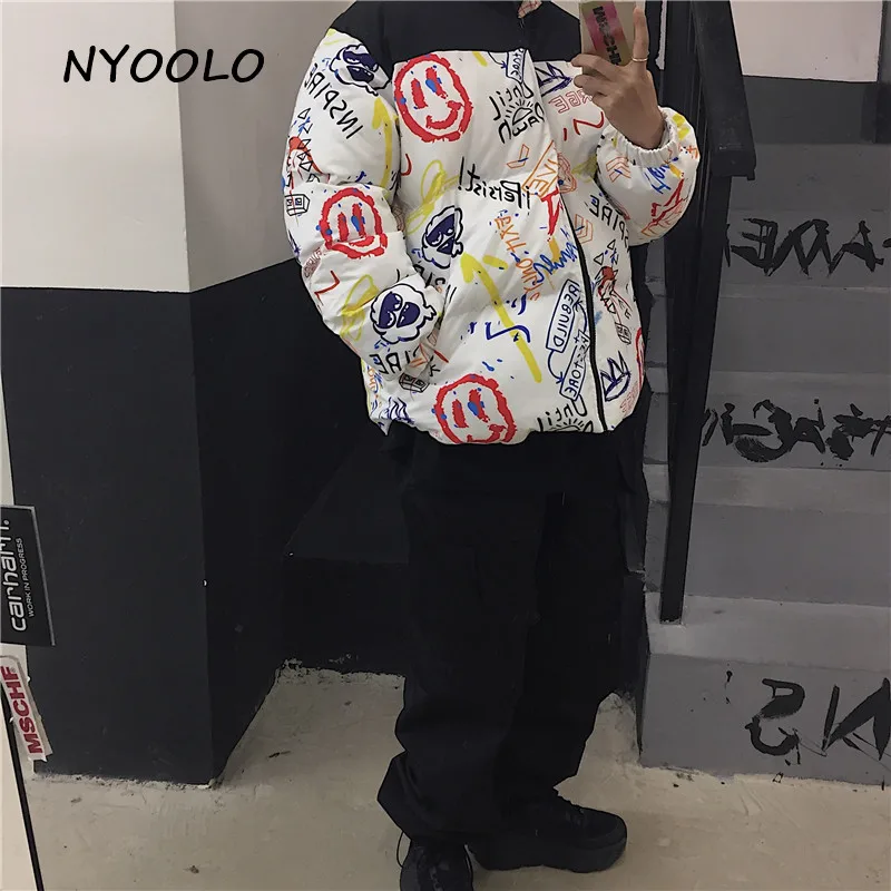 NYOOLO Harajuku уличная граффити дизайн лоскутное утолщаются теплые пальто осень зима Свободная куртка на молнии мягкий для женщин мужчин верхняя одежда