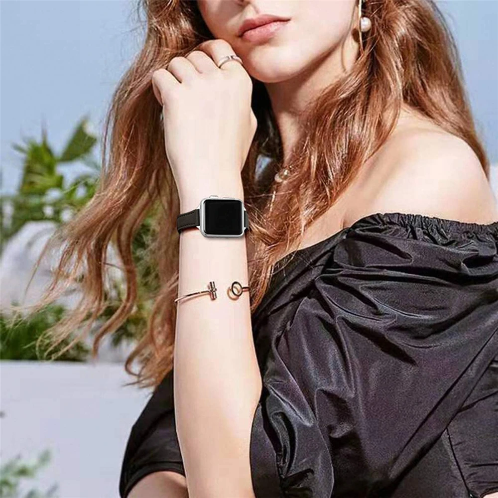 narrow leather strap for apple watch se 6 40mm 44mm band series 5 4 3 38mm  42mm women Thin Wristband for iwatch bands blue black - AliExpress