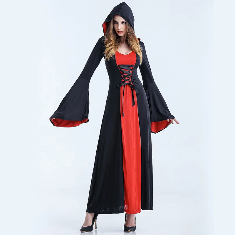 Готическое платье костюм для взрослых на Хэллоуин вампира ведьмы с капюшоном