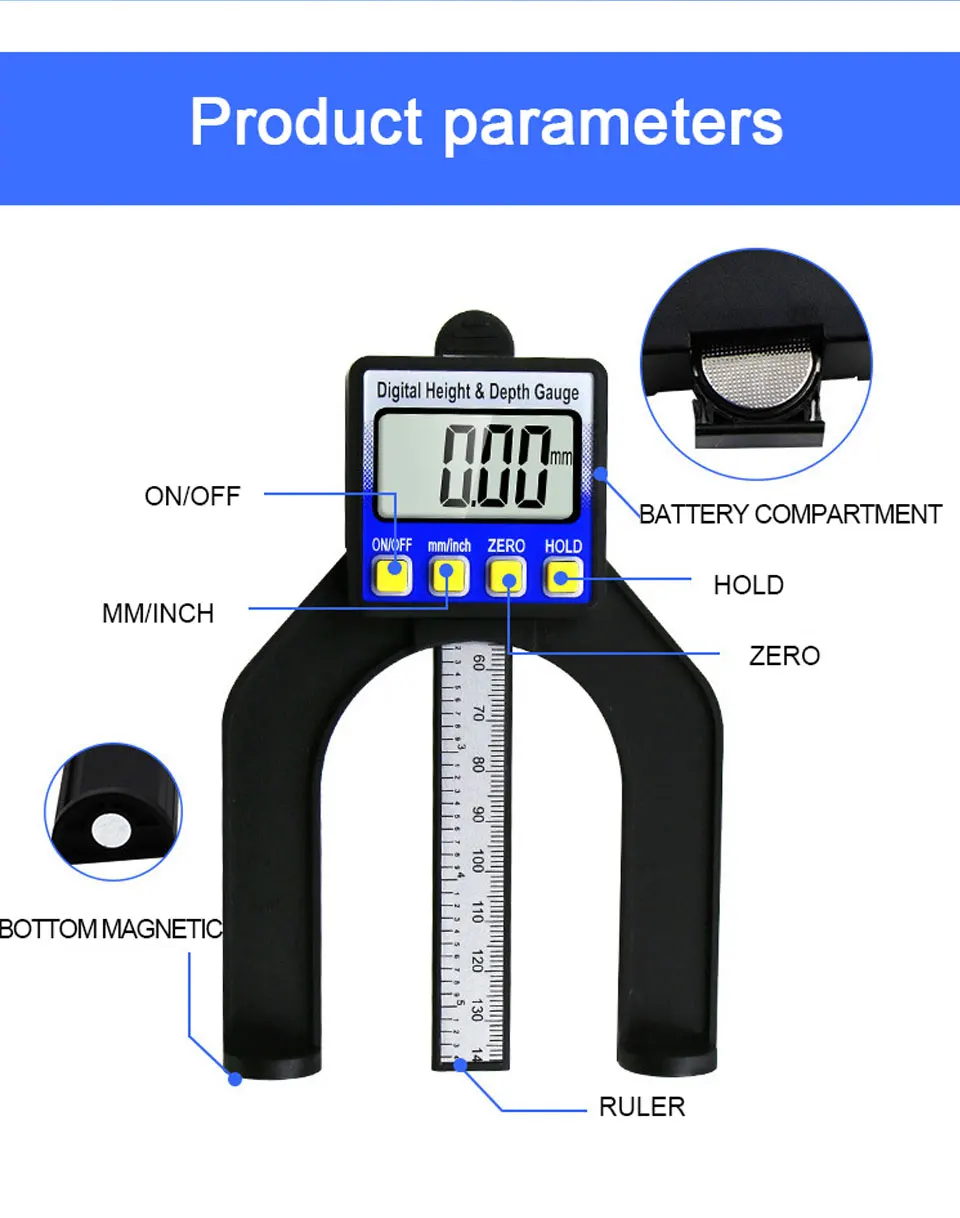 0-80 мм lcd цифровой датчик глубины высоты цифровой измеритель глубины протектора Штангенциркули с магнитными столами для ног деревообрабатывающий измерительный инструмент