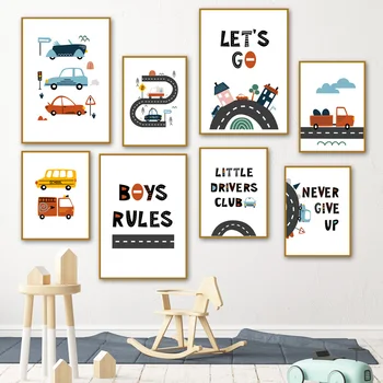 

Cartoon Kids City Car Club Nordic Art Decor Picture Nursery Kids Room Wall Decor Quality Canvas Painting Home Decor Poster A887
