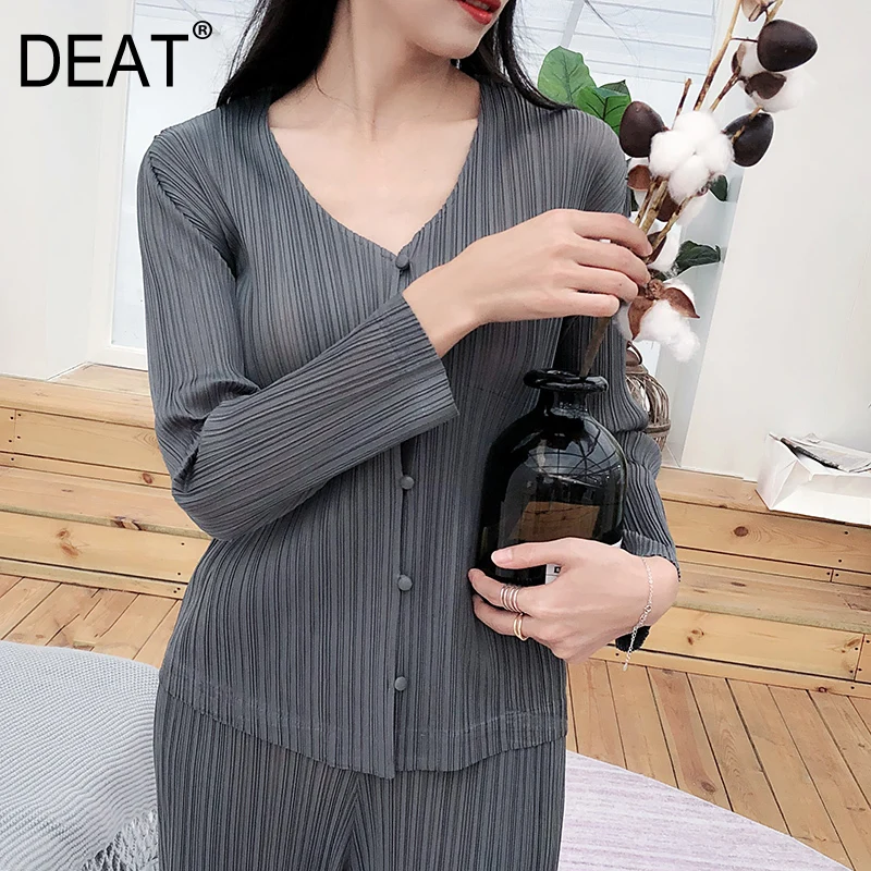 

[DEAT] 2019 New Pattern Autumn Fashion V-neck Cardigan Single-breasted Solid Full Sleeve Pleated Cardigan Blouse Women AD037