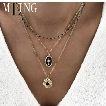 

MLING 2019 Fashion Multi-layer Choker Necklace Vintage Cross Circle Pendant Necklace For Women