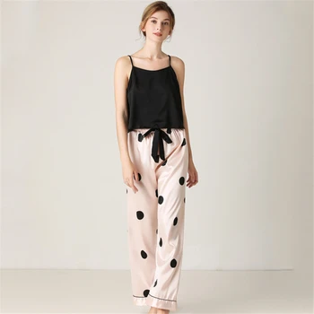 

2020 Summer Sexy Pajamas Set for Women Adult Sling Sleeveless Lace Print Polka Dot Home Casual Bath Sleepwear Clothing Top Pants