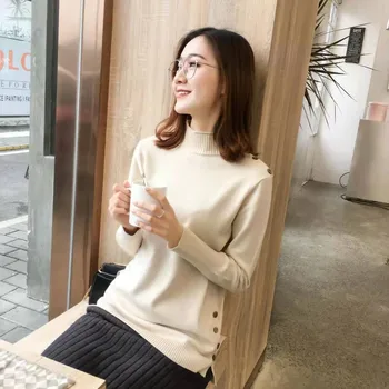 

GUMPRUN Fashion Women Black Sweater 2019 Winter Turtleneck Slim Knitted Sweaters Casual Splice Double-breasted Sweates Pullover