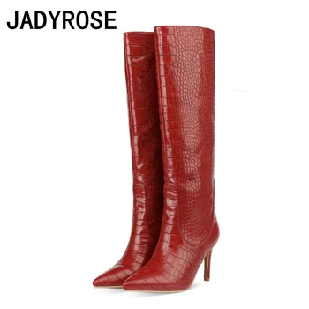 

British Women Long Winter Boots Pointed Toe Wine Red Motorcycle Riding Botas Femmes 9cm Knee High Heels Knight Botines Mujer