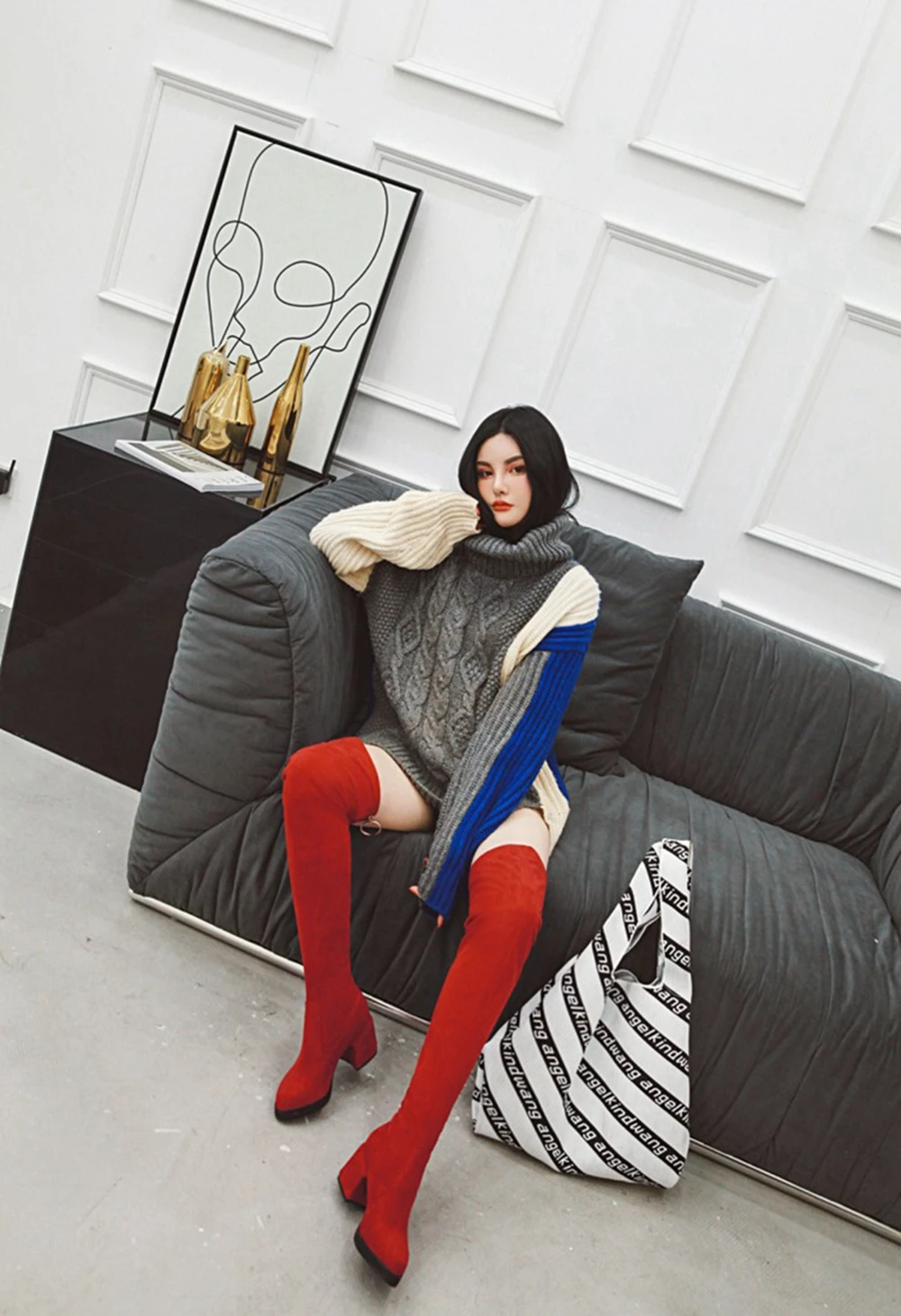 Hot Sale Botas Mujer Shoes Women High Heels 6.5cm Motocicleta Mulheres Martin Outono Inverno Botas De Couro Femininas Boots 8-15 - Цвет: red fur