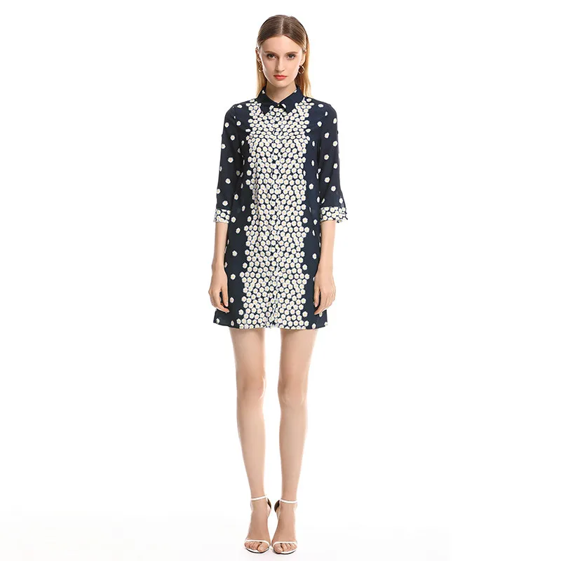 

2019 New Arrival Autumn Women Dress Daisy Floral Print Elegant Turn-down Collar Silk Casual Dress Women vestido
