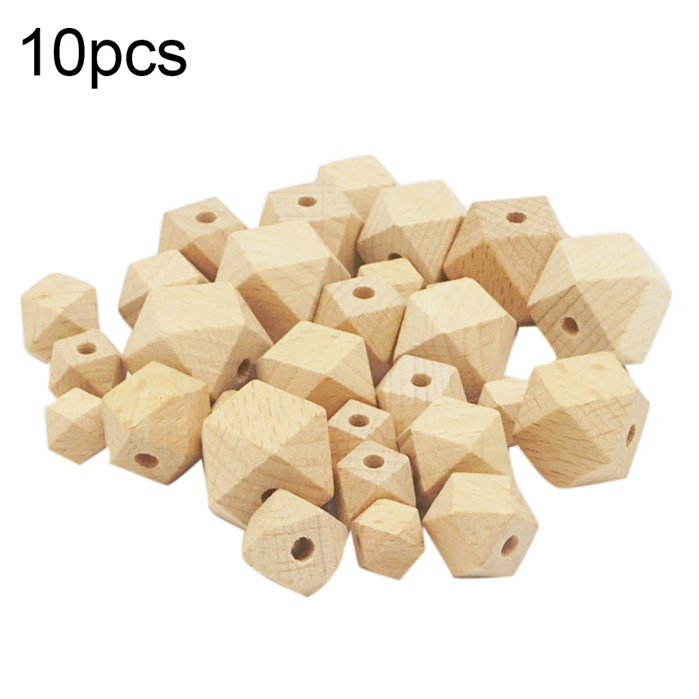 10Pcs Newborn Baby Teether Bead Wooden Geometric Hexagon Beads DIY Unpainted Teether Necklace Accessory