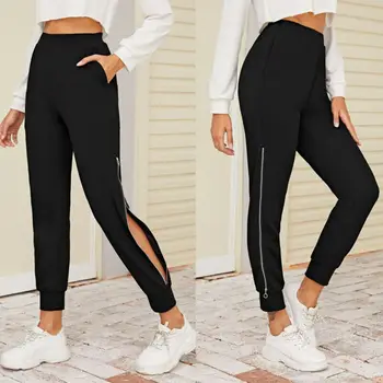

2019 New Style Women Black Zipper Hem Elastic Waist Gym Long Sweatpants Trousers Fashion Woman Side Split Casual Long Trousers