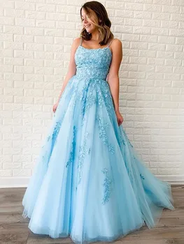 

Blue Evening Dress Applique A-line Tulle Sweep Train Spaghetti Strap Lace-up Sexy Backless Prom Dress