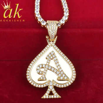 

Poker Card Heart Shape pendant Necklace With Tennis Chain Gold Color Charm Bling Cubic Zircon Men's Hip hop Rock Jewelry