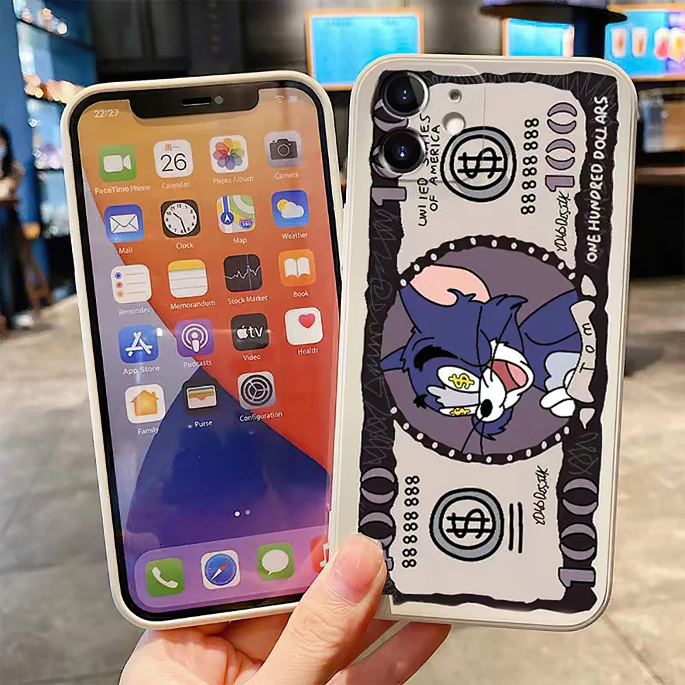 Cat and Mouse Phone Case For iPhone 11 12 13 Pro MAX 6 6S 7 8 Plus XS 12 13 Mini X XR SE 2020 Banknote Silicone Protect the Lens