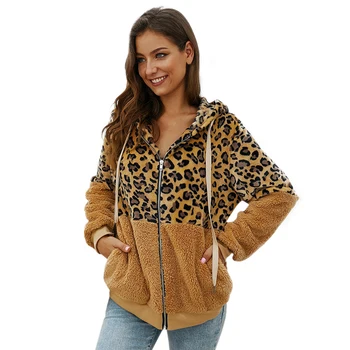 

Women Plush Stitching Leopard Coat Loose Pocket Jacket Autumn And Winter Hooded Jacket Zipper Thick Jacket