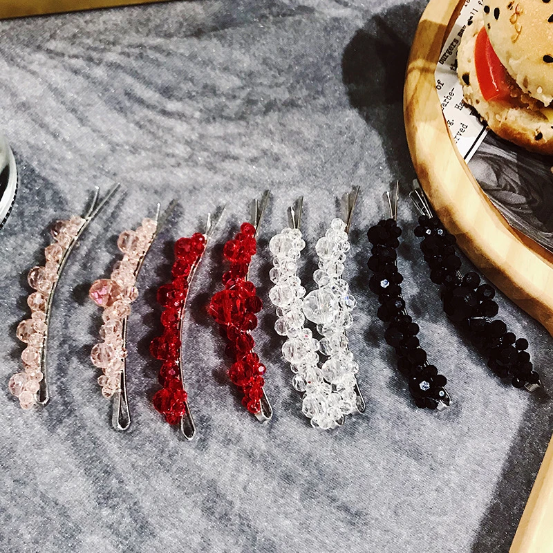 

Transparent Handmade Beaded Simple Solid Color Hairpin Crystal Hair clips Red Diamond Cool Black Hair Accessories