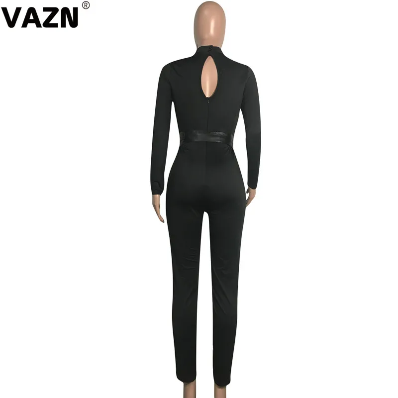 VAZN GYD18070 tos design autumn sexy lady black jumpsuit full sleeve zipper fly skinny jumpsuit springy sexy club jumpsuits