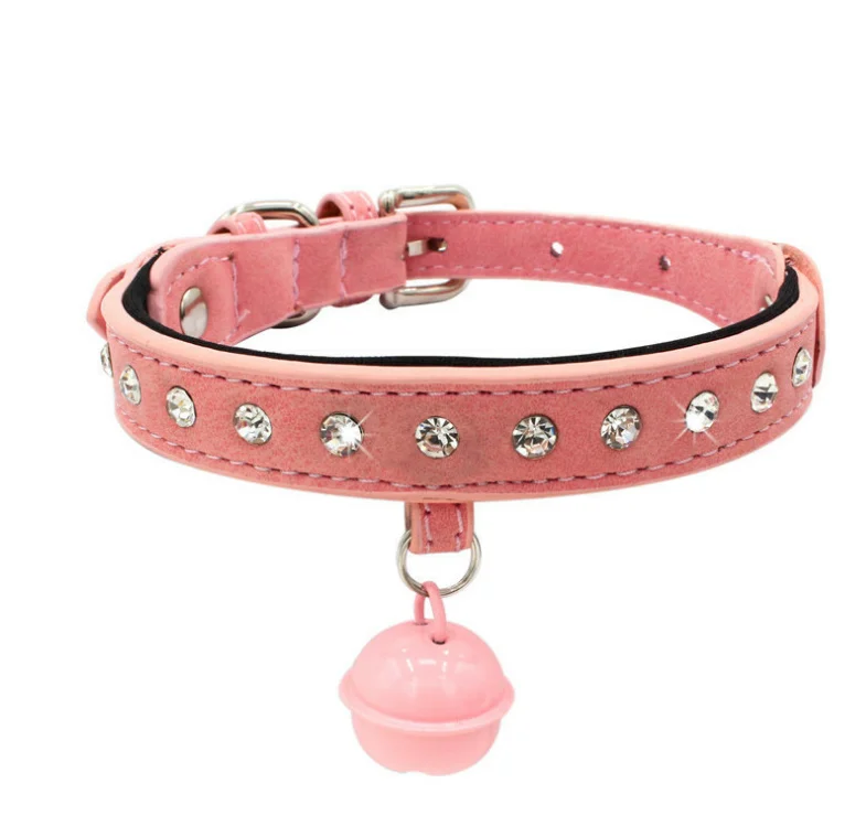 Pink Ошейник для собак, кошек, ожерелье с кристаллами, цена, колокольчики со стразами, очаровательный ошейник для домашних животных, Кожаный Мягкий тканевый ошейник для маленьких собак - Цвет: Pink
