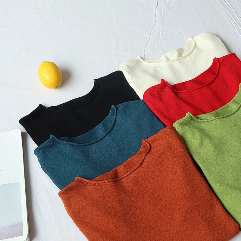 

2019 Fashion Pure Color Loose Knitted T-shirt Top Aesthetic Womens Clothing Korean Autumn Winter Womens Long Sleeve Tops