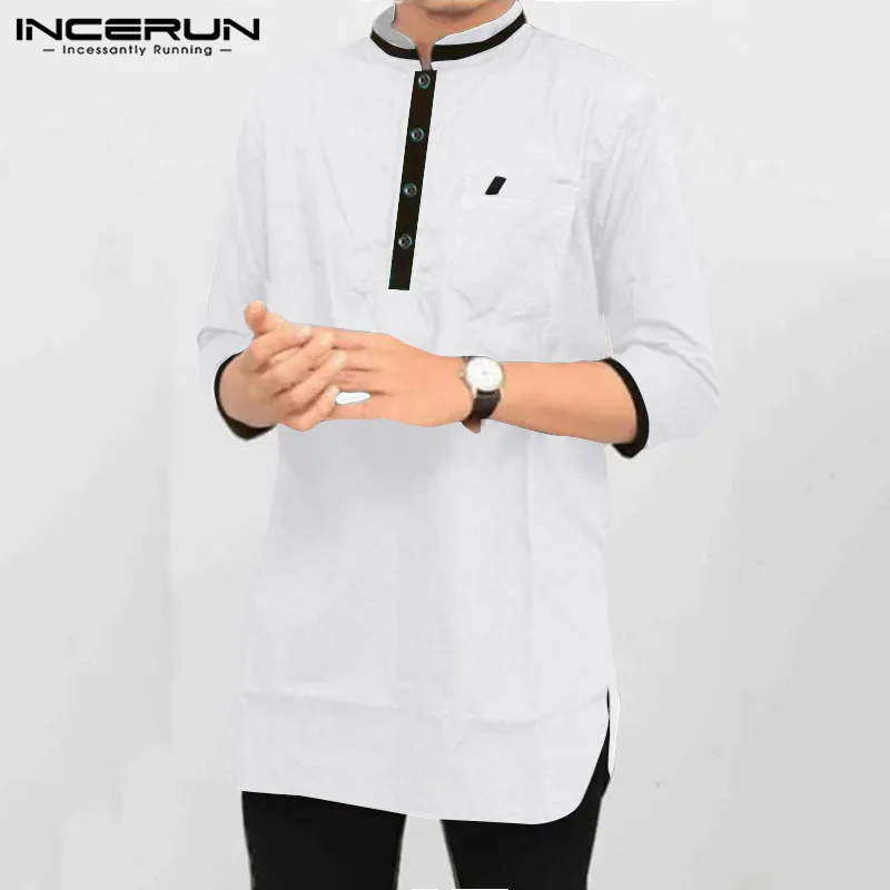 INCERUN, мужская рубашка со стоячим воротником, карманами, пэчворк, шикарный, винтажный, хлопок, с 3/4 рукавом, повседневный костюм, мужские рубашки, индийская одежда
