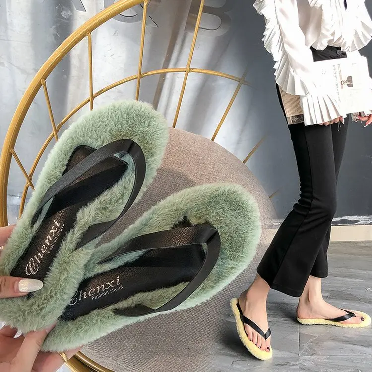 Classics Winter Women Fur Flip Flops Outside Flat Open Toe Women Shoes Solid Casual Faux Fur Slippers