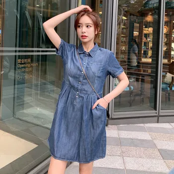 

2020 Summer New Fashion Womens Short-sleeved Tencel Denim Dress Thin Casual Button Temperament Dress Plus Size