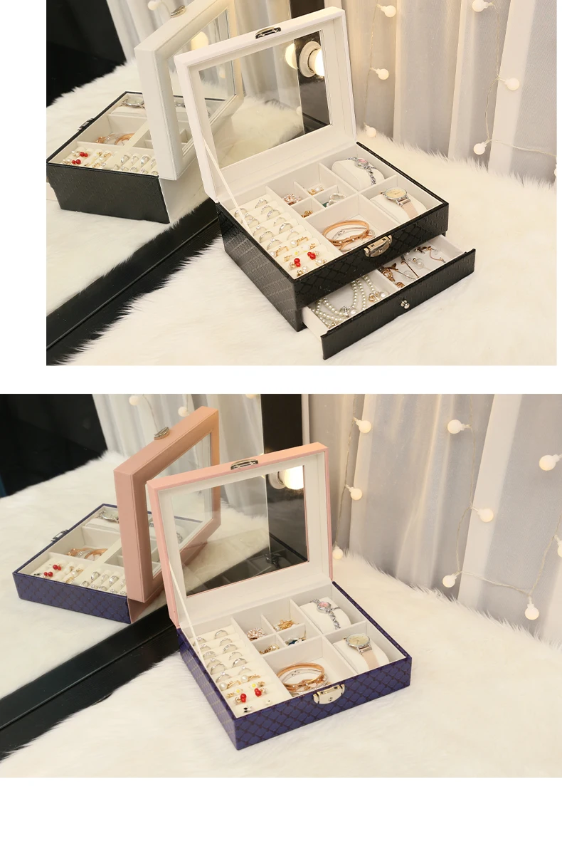 Jewelry box storage box small jewelry portable European lock mirror earrings jewelry female large capacity LB821171