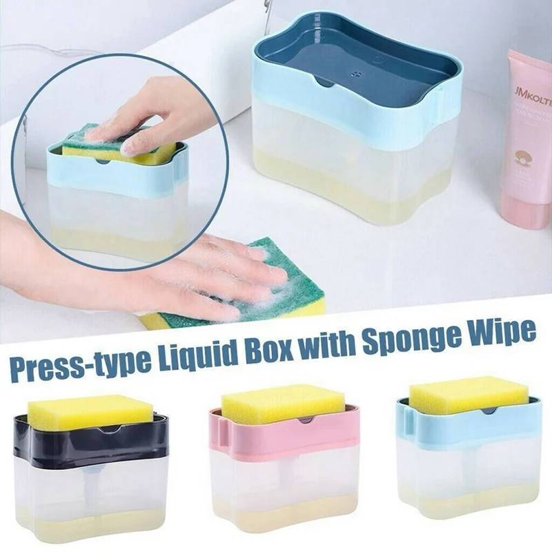 

2-in-1 Soap Box Dispenser Dishwashing Liquid Dispenser Manual Press Liquid Soap Dispenser Bathroom Kitchen Wash Soap Pump Sponge