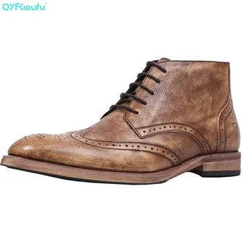 

QYFCIOUFU Ankle Boots Men Genuine Cow Leather Skin Brogue Martins boots Shoes Flat men's lace up Fashion vintage Chelsea Boots