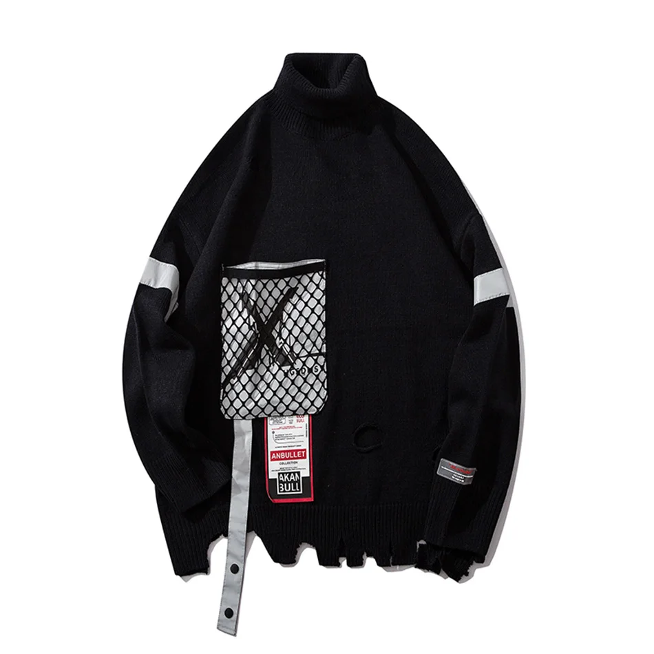 3M Reflective Turtleneck Hole Loose Mens Swwater Luminious Ribbon Loose Casual Maglioni Uomo Oversize Black Gray Sweaters Male