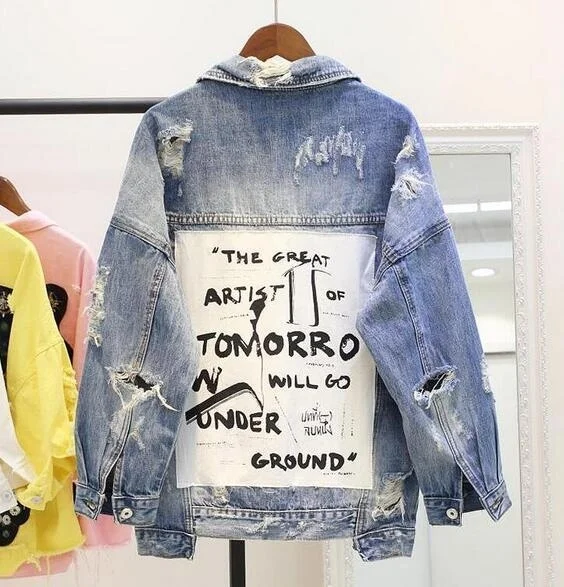Very best  2018 Women's Graffiti letter BF denim jacket coat loose denim jacket parkas