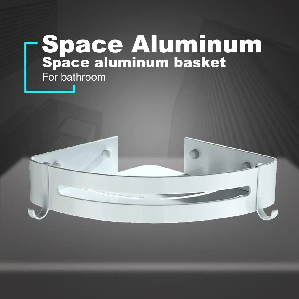 Punching Free Bathroom Rack Space Aluminum Single Deck Triangle Square Basket Shelf Shampoo Storage Organizer with hooks |