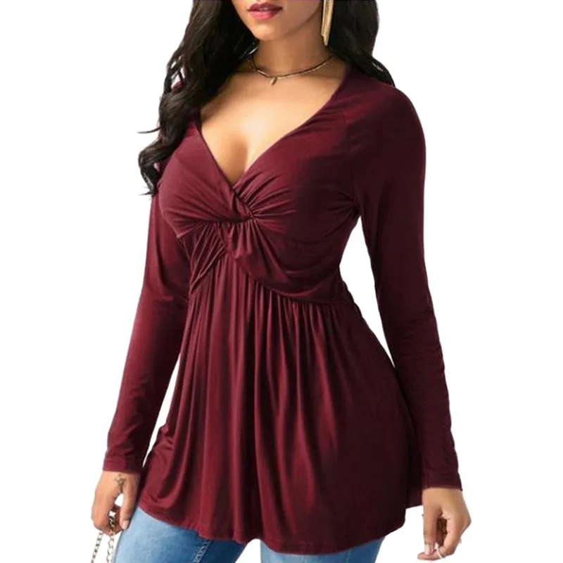 

Women's Fashion Sexy V-neck Long Sleeves T-shirts 2019 New Autumn Ladies Solid Color Pleated Loose Slim Fit Casual T-shirts