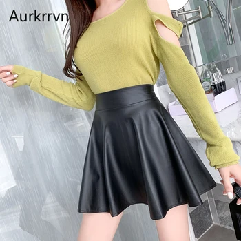 

Aurkrrvn Woman's Black PU Skirt Aline Elastic Waist Ruffled Faux Leather Skirt for Women Casual OL Short Skirts Ladies Summer