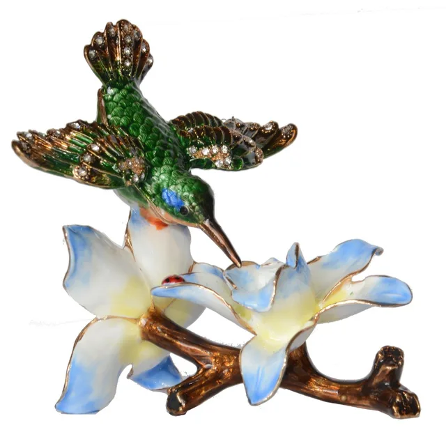 Hummingbird At Flower Trinket Box Metal Jewelry Box Bird Figurines