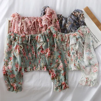 

Chiffon Floral Print Pleated Women's Blouse Korean Puff Sleeve Off The Shoulder Top Female 2020 Spring Summer Sweet Lady Blouses