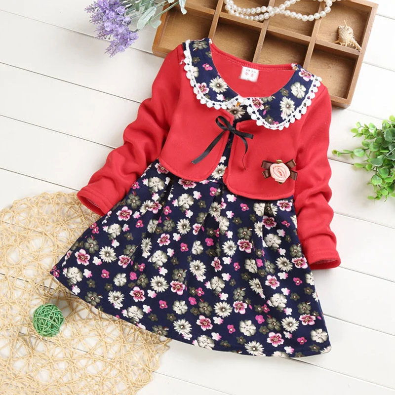 New Autumn Baby Girls Cute Long Sleeves Dress Floral Print Long Sleeve Fake 2 Piece Dress Kids Clothes Spring