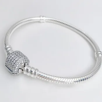 

100% 925 Sterling Silver Pan Bracelet Shiny Round Pan Bracelet With Crystal Buttons Fit European Charm Bracelets Women Jewelry