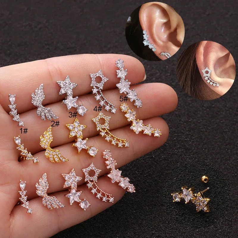 

Imixlot 1Pc 20G Stainless Steel Helix Piercing Jewelry Crystal Star Wings Curved Big Cartilage Earring Rook Lobe Screw Back Stud