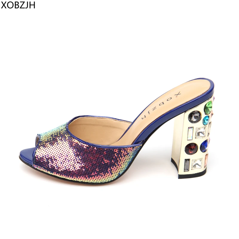 

Designer High Heels Sandals Women Luxury 2019 Peep Toe Plus Size Wedding Brand Rhinestone Sandals Shoes Woman Block Heels