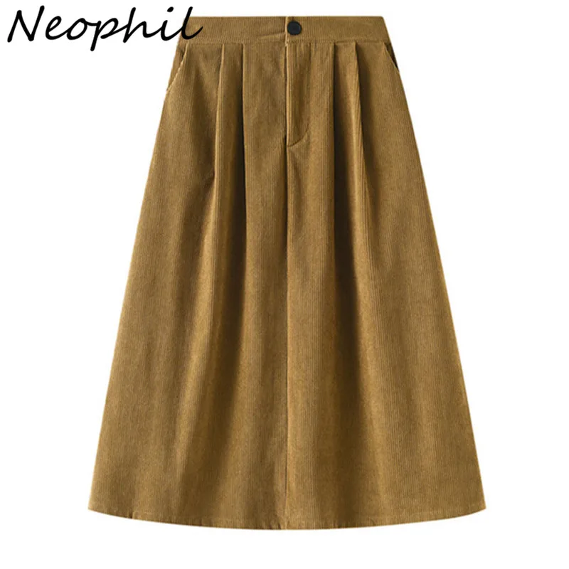 Neophil 2022 Corduroy Pleated Winter Women Midi Skirts High Waist Casual Solid Korean Style Draped A-Line Umbrella Skirt S211103 light baby pink tulle skirt 2020 ball gown draped slit women s skirts floor length cheap casual fashion femme jupes