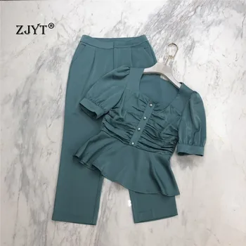 

Fashion Summer Pants 2 Piece Set Lady Office Outfits Women New 2020 Short Sleeve Solid Draped Top and Pants Suit Matching Sets