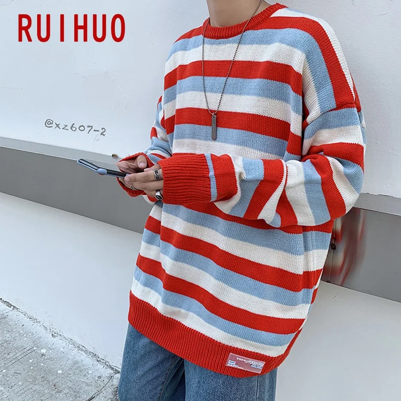 RUIHUO, новинка, осенне-зимний полосатый свитер для мужчин, облегающий хлопковый вязаный пуловер, мужской модный бренд, мужские свитера, теплые M-2XL