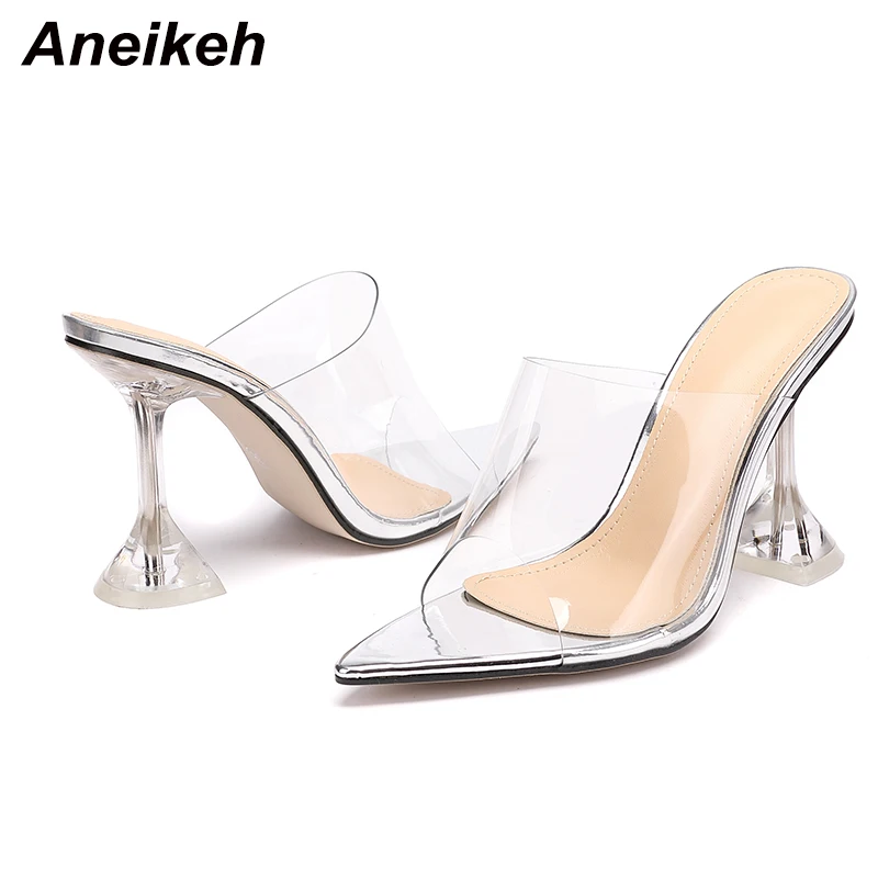

Aneikeh Pointed end Flip Flops Shoes Woman Slippers PVC peep-toe Slip-on Perspex Heel Stilettos High Heels Lady Fashion Pumps