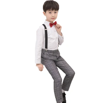 

Gentleman Girls Strap Shirt Pants Bowtie ceremony Costume kids Suit For Flower Boys Prince School student Formal Wedding Dress