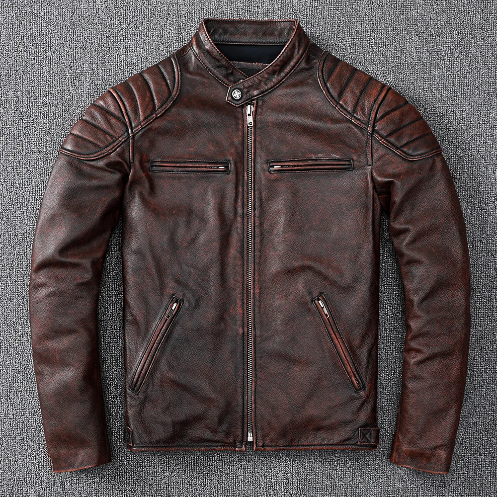 Vintage Style Mens Cowhide Biker Genuine Leather Jacket Fashion Brown Leather Slim Coat