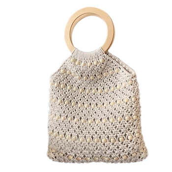 

NEW-Hand-Woven Bag Handbag Retro Bead Bag Holiday Portable Bucket Bag Beach Bag Round Handle Bag