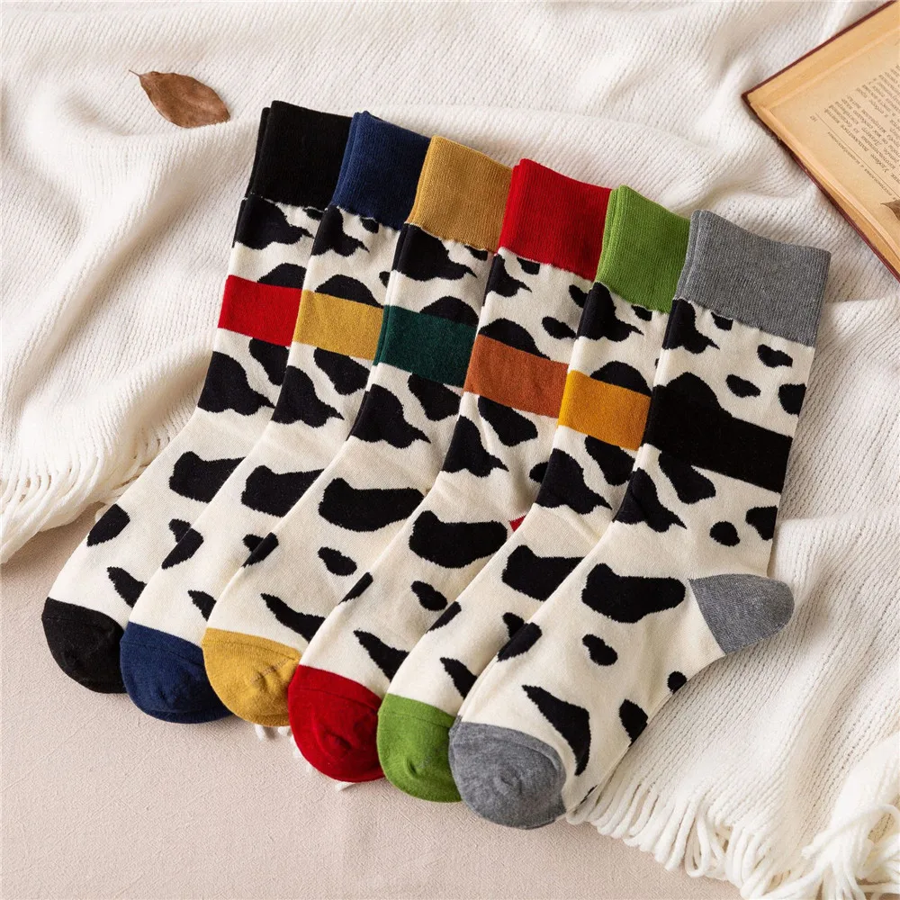 Милые хлопковые носки с рисунком коровы, забавные носки-трубы средней высоты, Harajuku, осенне-зимние длинные носки для девочек, женская уличная одежда в стиле хип-хоп