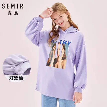 SEMIR Женская длинная Ретро портретная толстовка с капюшоном Женская негабаритная толстовка с заниженным плечом с пышными рукавами уличная одежда - Цвет: purple